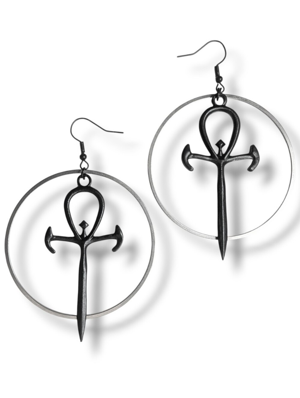 NWT Handmade Large Black Ankh Silver Hoop Layered Earrings